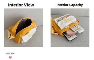 Detail view of the interior capacity and structure of the yellow canvas crossbody bag