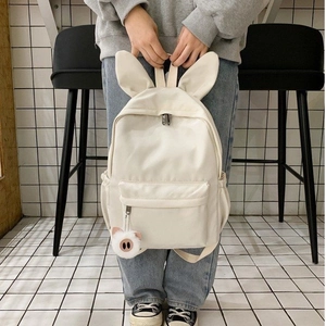 Sac à dos scolaire mignon blanc crème avec oreilles de lapin et pendentif pour étudiantes