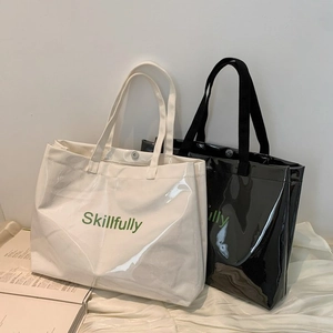 Sac Cabas Femme PVC Grande Capacité Transparent Brillant Sac à Épaule Avec Imprimé Lettres Style Coréen Minimaliste Sac à Main