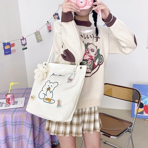 Sac fourre-tout mignon en velours côtelé blanc avec ours et charme pour femme