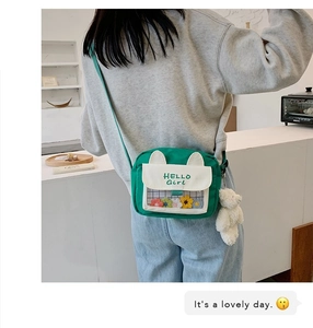 Detail of cute green canvas crossbody bag with plush bear charm and transparent pocket