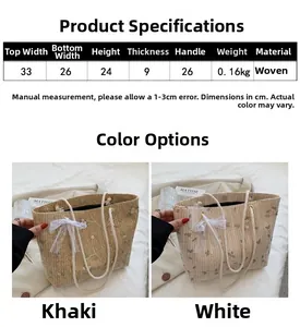 Tableau des tailles pour sac cabas en paille avec broderie florale et nœud en ruban