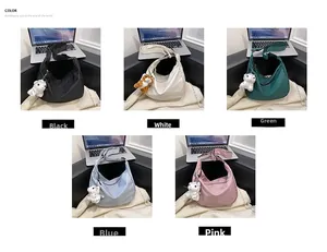 Collage of nylon hobo bags in black, white, green, blue, and pink with tiger charm