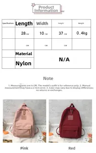 Detailed size chart showing dimensions and weight for the nylon student backpack