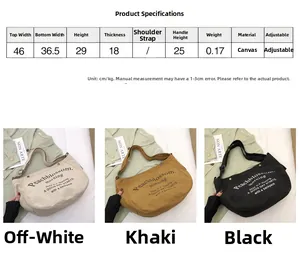 Detailed dimension guide and comparison of canvas tote bag in various colors