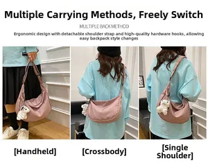 Pink nylon crescent moon bag shown in three perspectives with detachable wide strap