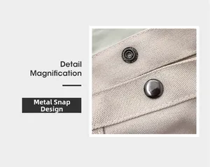 Detail magnification of the hardware snap button design on durable canvas tote bag