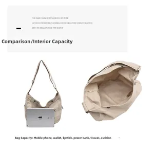 Detail view of large canvas tote bag showing side buttons and spacious interior capacity