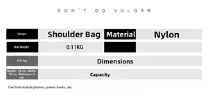 Nylon crossbody bag detail: lightweight 0.11kg design, size 19x15x5cm for daily small items