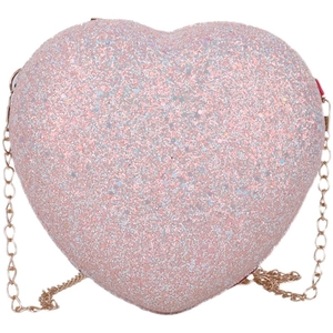 Pink heart shaped sequin handbag with gold metal chain strap for women on white background