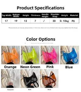 Detailed size chart and multi-color options for transparent PVC jelly shoulder bags