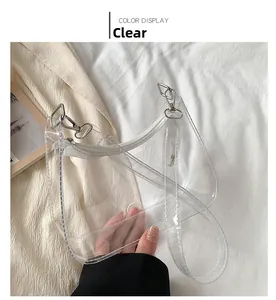 Detail view of transparent PVC jelly shoulder bag with white zipper and metal hardware