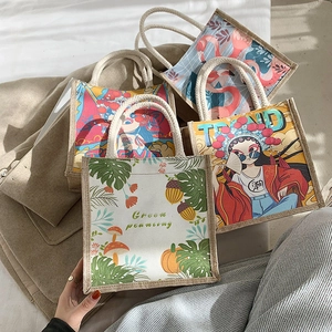 Artistic Jute Linen Handbag Cartoon Peking Opera Print Mini Tote Bag Daily Casual Shopping Lunch Bag Fashion Women Bag