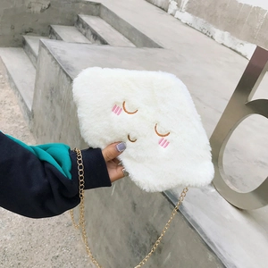 Cute white plush cloud crossbody bag with embroidered face and gold chain strap