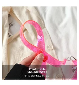Detail of pink transparent PVC shoulder strap with reinforced white stitching for handbags