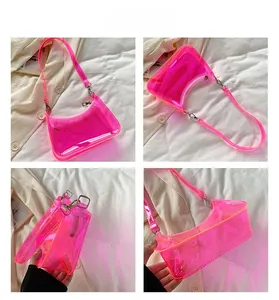 Detailed views of neon pink transparent PVC hobo bag with silver metal hardware and stitching