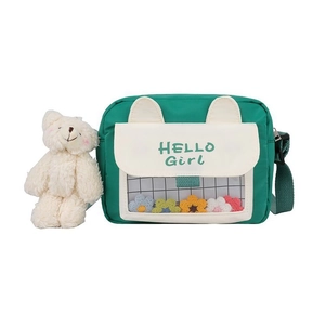 Cute green and white crossbody bag with Hello Girl text and plush bear charm