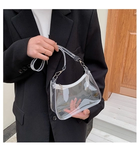 Detail of transparent PVC jelly bag with white zipper and metallic hardware hooks