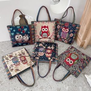 Sac Tote en Toile pour Femmes Motif Hibou Style Ethnique Grande Capacité Sac à Épaule Bohème à Rayures Décontracté