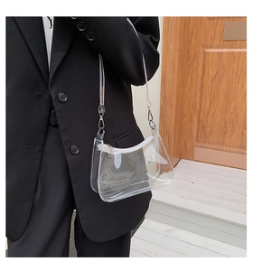 Close-up of clear PVC jelly shoulder bag worn by model featuring silver metal buckle details