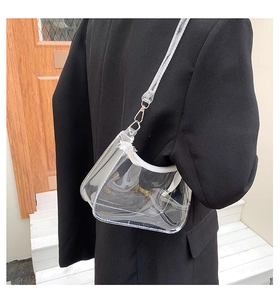 Detailed back view of a transparent PVC shoulder bag featuring white zipper closure