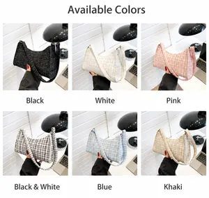 Detailed grid showing 6 colors of tweed hobo bags on a desk: black, white, pink, blue, khaki