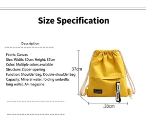 Minimalist yellow canvas drawstring backpack for women featuring a 30x37cm spacious design