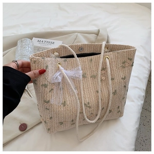 Détail du sac en paille avec broderie florale et décoration de nœud en dentelle blanche