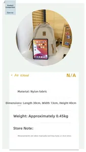 Detailed size chart for beige nylon backpack showing 30x13x40cm dimensions and weight