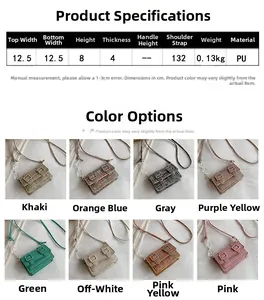 Guide des tailles et choix de couleurs pour mini sac PU avec dimensions et 8 coloris