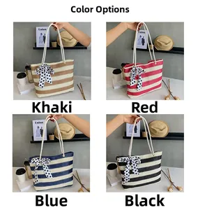 Color display of four large straw tote bags with stripes and polka dot bows
