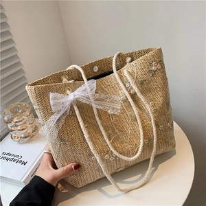 Sac Cabas Tissé en Paille pour Femmes Grande Capacité Broderie Florale Nœud en Dentelle Sac à Main de Plage Vacances Décontracté