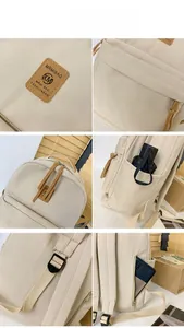 Detailed close-up of canvas backpack showing leather labels, side pockets, and zippers