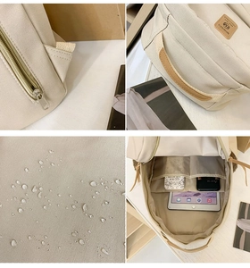 Detailed views of beige canvas backpack showing waterproof fabric and internal storage