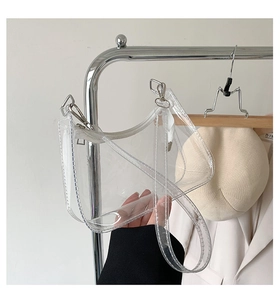 Macro shot of clear PVC jelly shoulder bag with white zipper and silver metal hardware