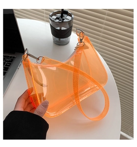 Detail of orange transparent jelly bag with silver metal zipper and sleek baguette design