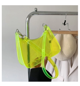 Detail of neon green transparent PVC shoulder bag with silver metal zipper and strap