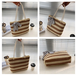 Detail shots of striped straw tote bag featuring polka dot ribbon and woven texture