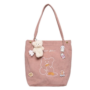 Sac fourre-tout rose en velours côtelé pour femmes avec imprimé ours et pendentif ours