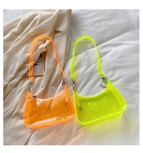 Macro detail of vibrant neon orange and yellow transparent PVC shoulder bags with silver zippers