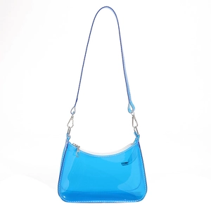 Sky blue transparent PVC shoulder bag with curved design and silver metal hardware details