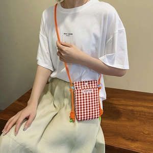 Sac à bandoulière pour téléphone à carreaux rouge et blanc avec sangle tissée orange