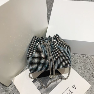 Luxury bucket bag with colorful rhinestones and silver chain strap for women