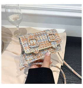 Vue détaillée d'un mini sac bandoulière tissé coloré avec une chaîne en acrylique