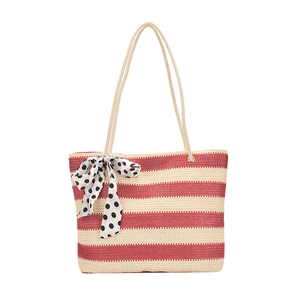 Women's woven straw tote bag with red stripes and decorative polka dot scarf detail
