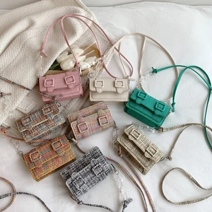 Mini Sac Bandoulière en Tweed Tissé de Mode Coréenne pour Femmes Petit Sac à Épaule Carré Avec Décoration de Chaîne en Acrylique