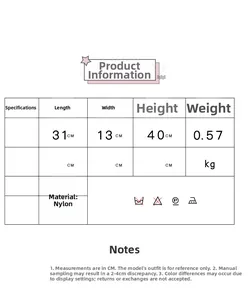 Size guide for nylon backpack showing dimensions 31x13x40cm and 0.57kg lightweight spec