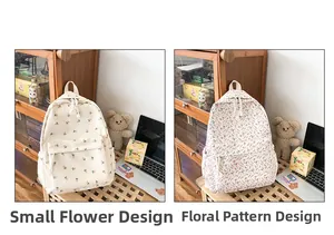Comparison of floral canvas backpacks showing detailed floral patterns and drawstring design