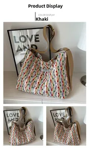 Detail view of large capacity multicolor woven tote bag with fashion instinct label