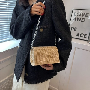 Minimalist beige woven flap crossbody bag with silver chain strap for women